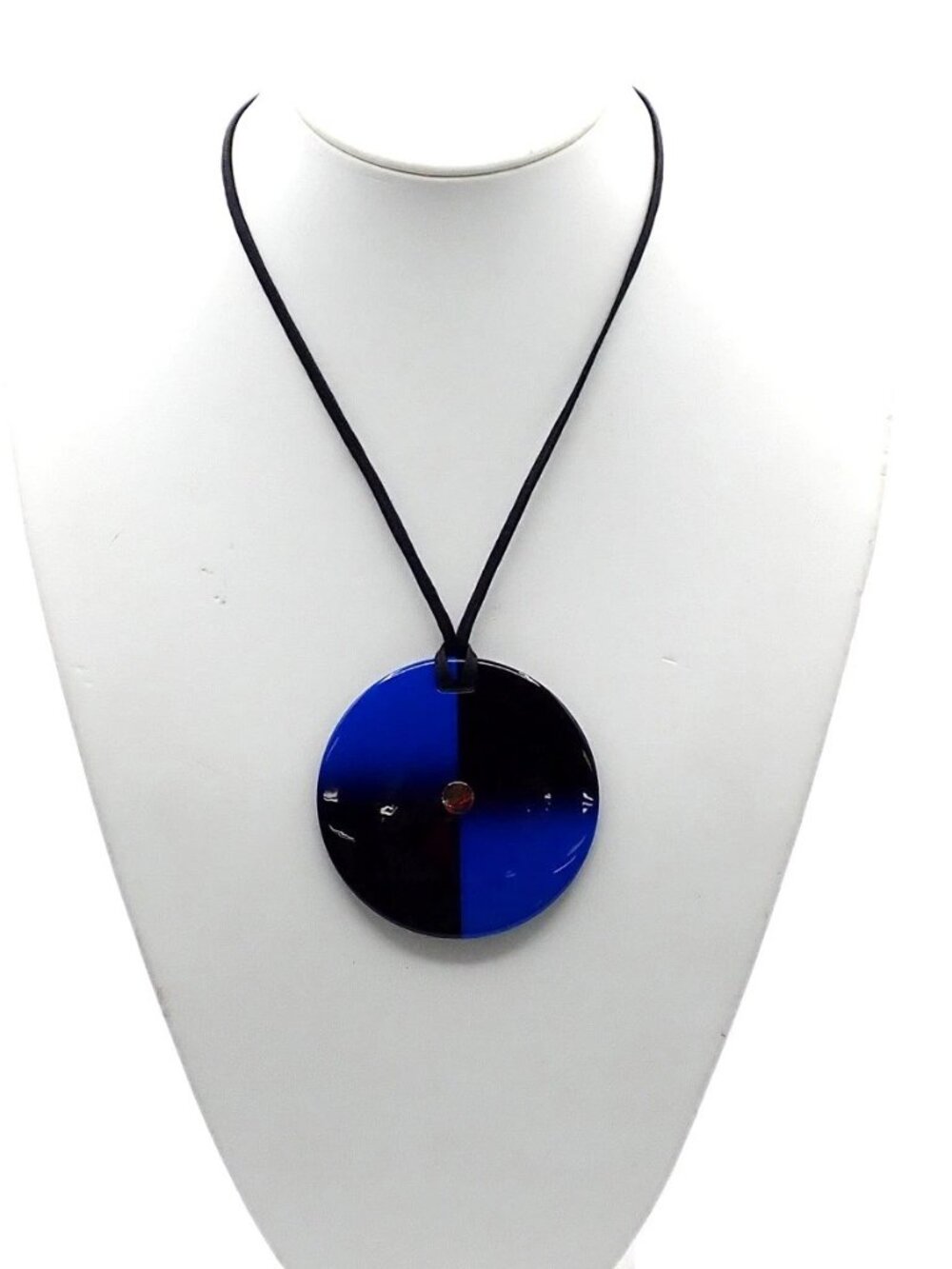 HERMES Logo Round Necklace Pendant Lacquered Horn Blue 69KP062